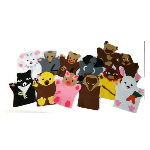 [EDU/252] GLOVE PUPPETS ANIMALS (11 des) cat, dog, fox, hare, lamb, bear, lion, mouse, pig, monkey, elephant